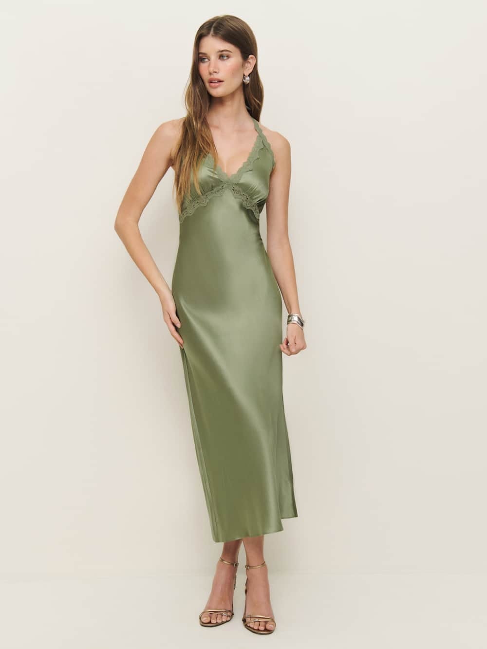 Reformation Nora Silk Dress in artichoke, brand new without tags, never worn.
